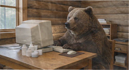 Brown bear with a towel wrapped around its head standing at a wooden lodge bathroom sink, looking at its reflection in a mirror, with a Bear Essentials tallow and honey moisturiser jar placed on the counter.